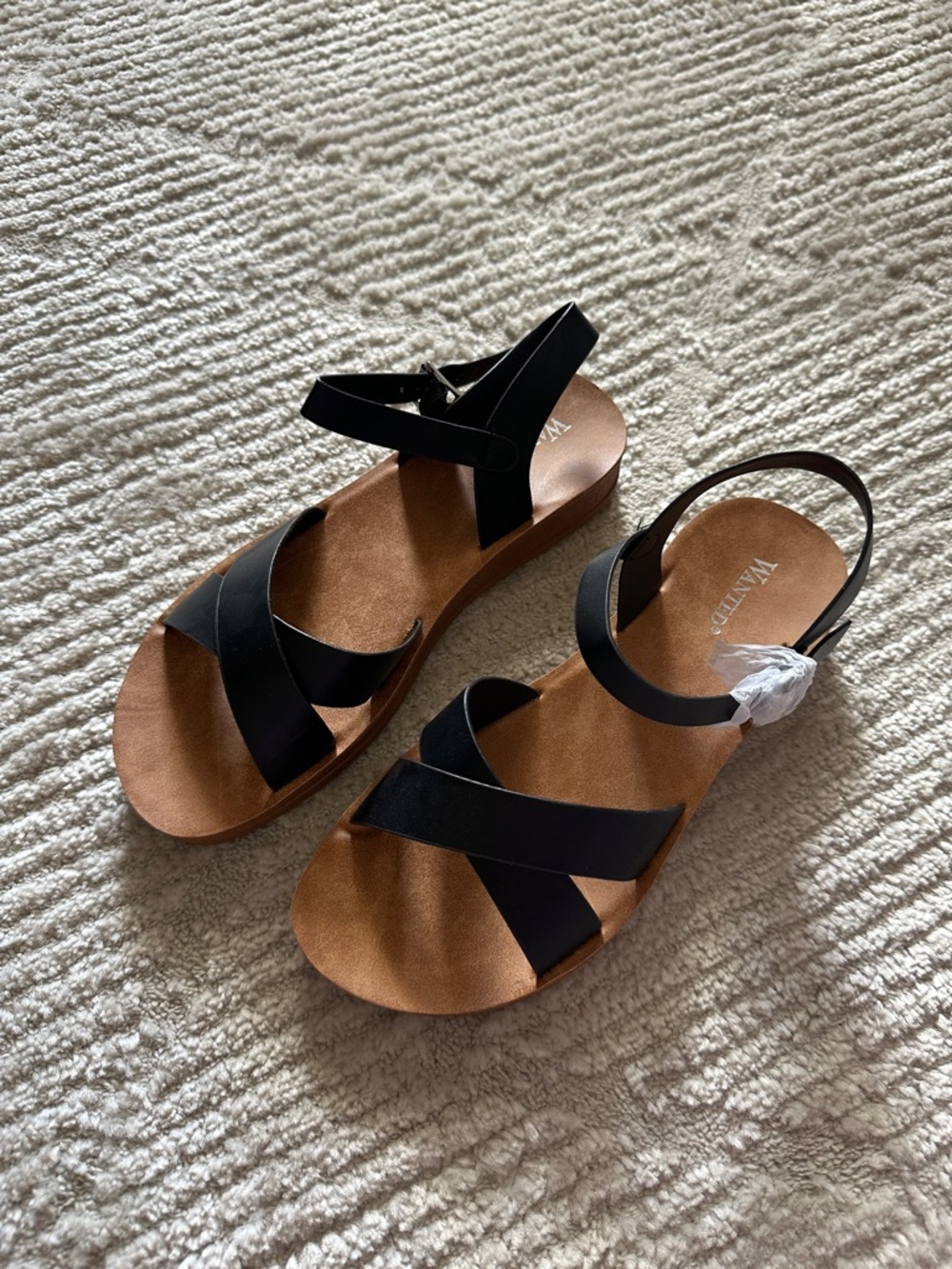 Wanted Black Strappy Sandals with Tan Footbed